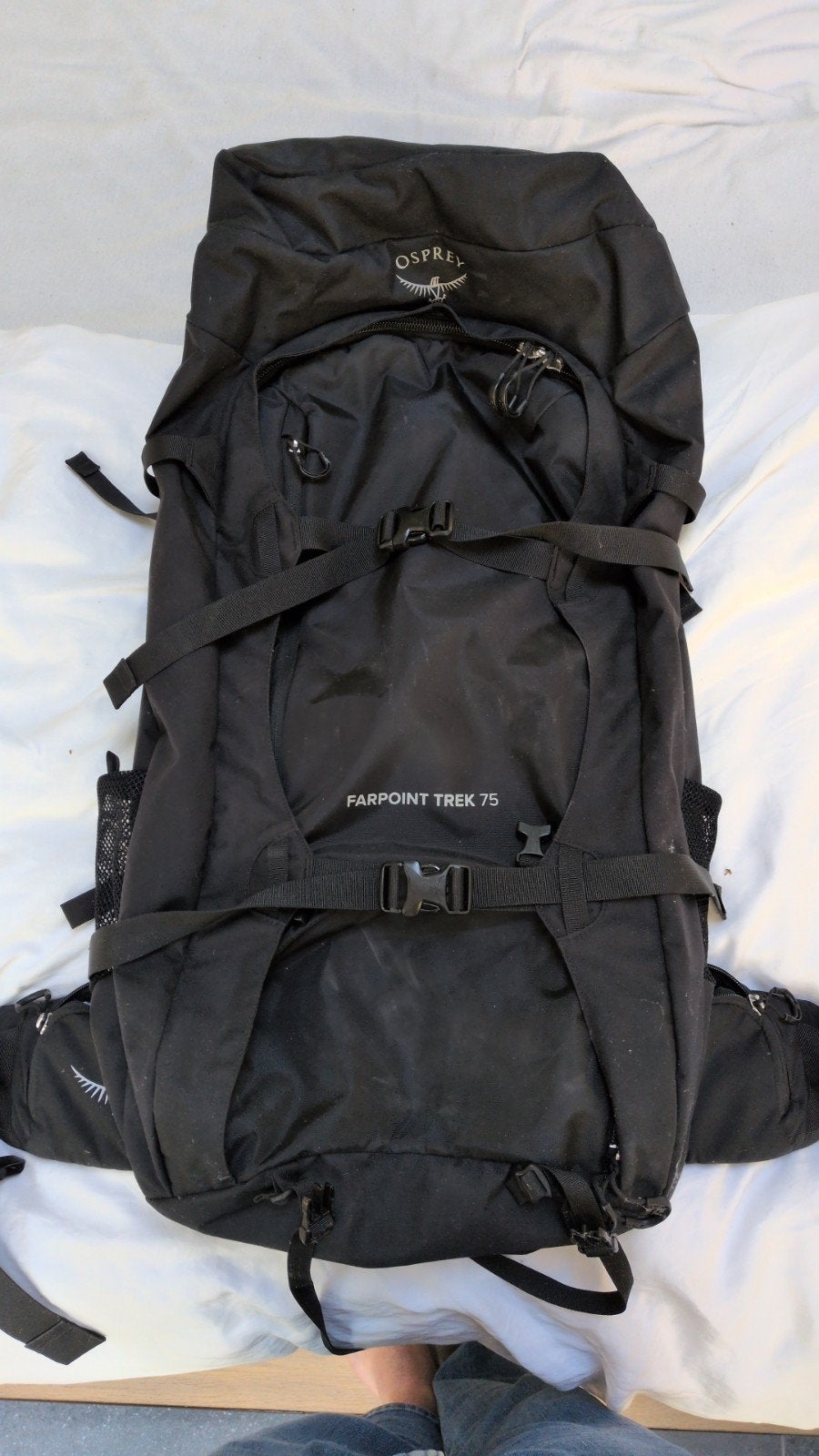 Osprey Farpoint Trek 75L - Zwart, Sieraden, Tassen en Uiterlijk, 40 cm of meer, Gebruikt, Trekking, 60 cm of meer