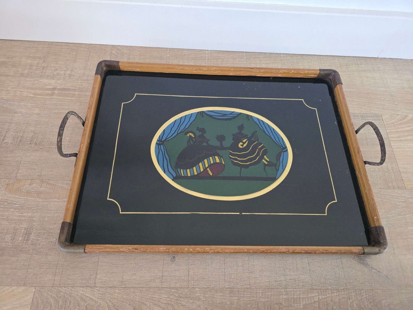 Zeer zeldzaam antiek dienblad met omgekeerde glasschildering, Ophalen of Verzenden, Zo goed als nieuw, Rechthoekig