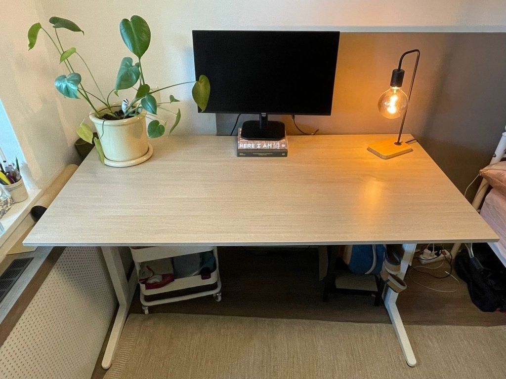 Bureau met handslinger, licht hout, 160x80 cm, Ophalen, 160 cm, Hout, In hoogte verstelbaar