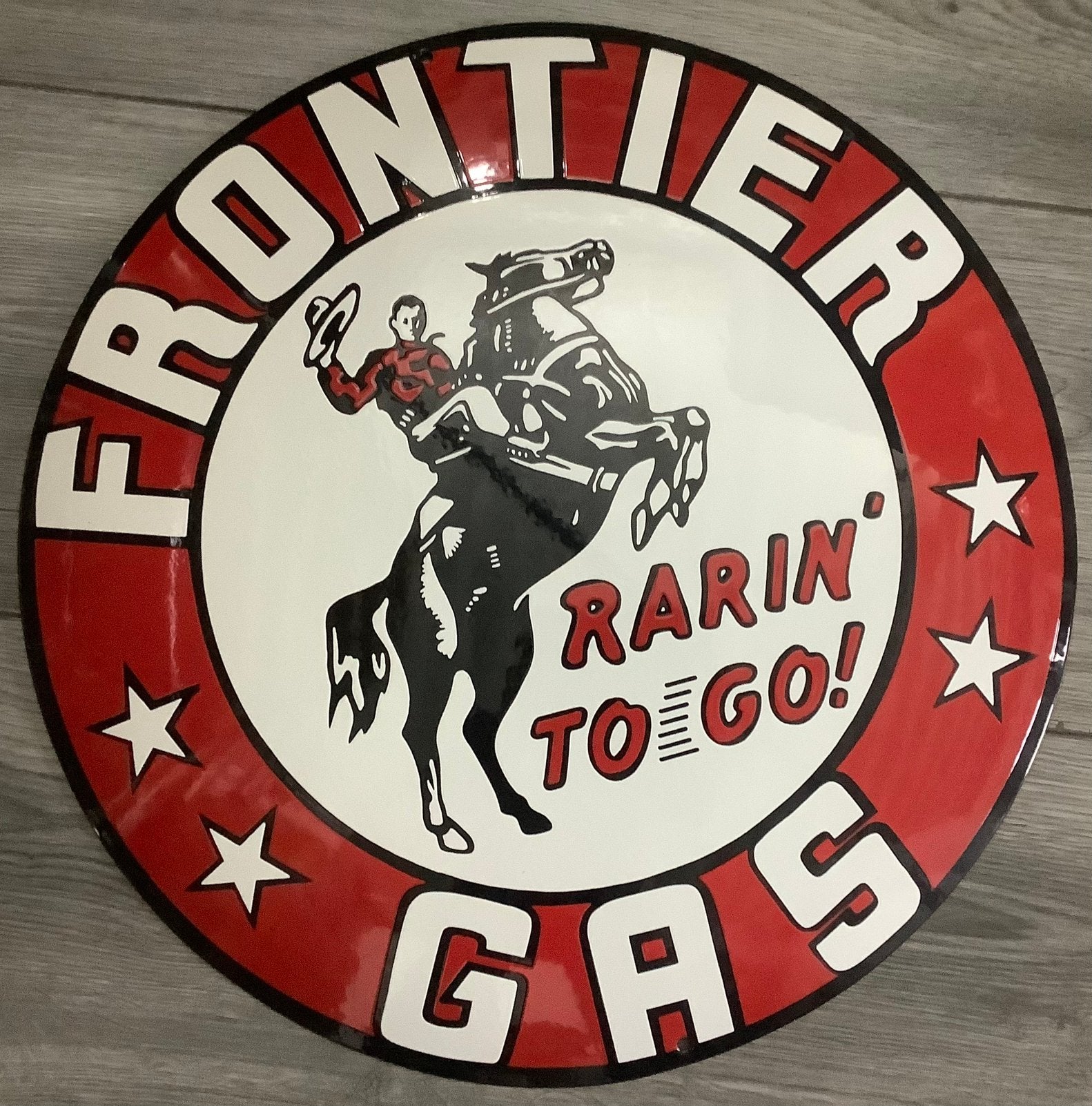 Emaille bord FRONTIER gasoline groot formaat 50 cm, Ophalen of Verzenden, Reclamebord