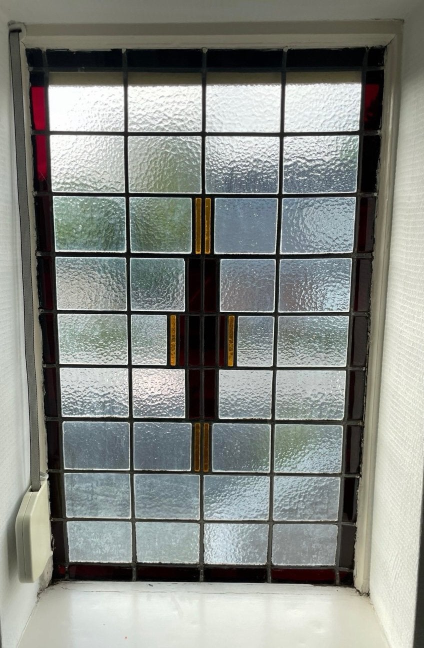 Glas in lood paneel rood geel kathedraal glas 89x54cm, Doe-het-zelf en Verbouw, Glas en Ramen, Ophalen, Gebruikt, Minder dan 80 cm