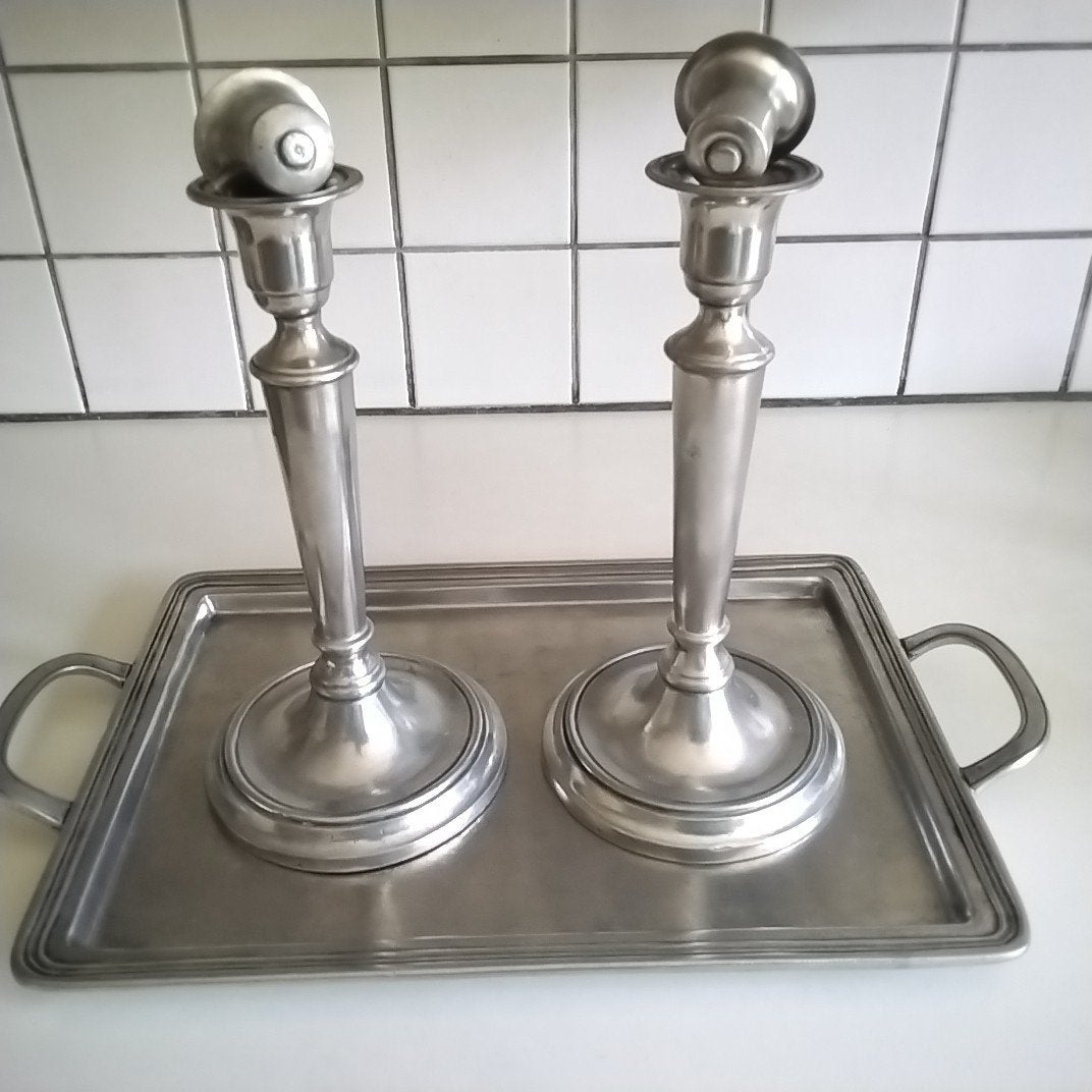 marinoni zilvertinnen kandelaars  en dienblad, Ophalen of Verzenden
