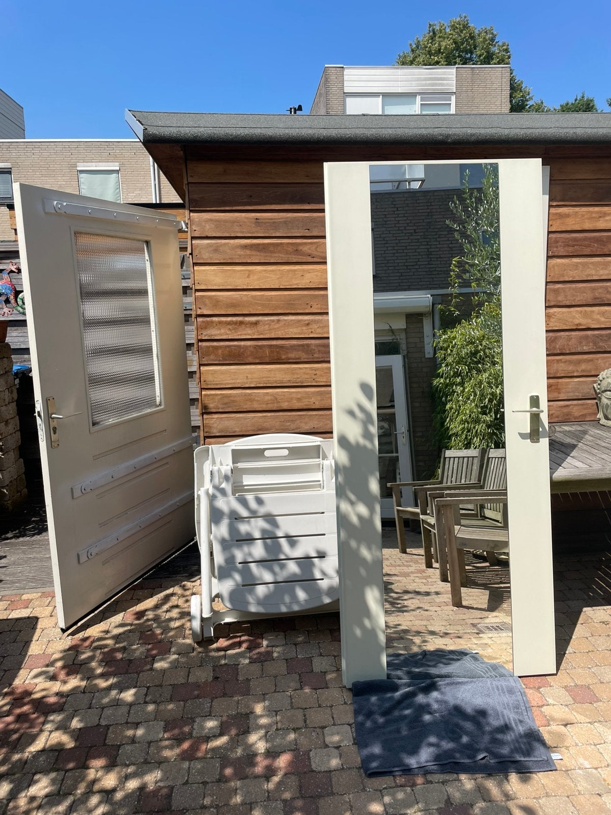 Opdekdeur met een grote spiegel, Ophalen, Gebruikt, 200 cm of meer, 100 tot 125 cm