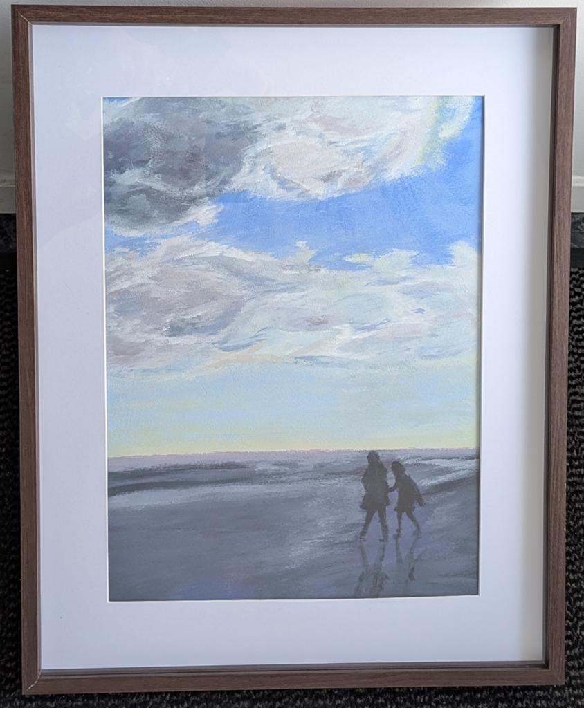 Schilderij: Strandwandeling onder bewolkte lucht, Antiek en Kunst, Kunst | Schilderijen | Modern, Ophalen of Verzenden
