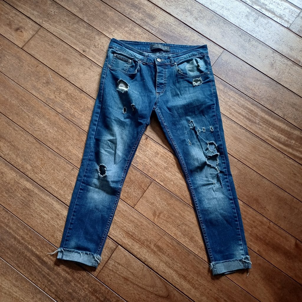 Philipp Plein Jeans W33 - Gedragen, Kleding | Dames, Blauw, Ophalen of Verzenden, W33 - W36 (confectie 42/44), Gedragen
