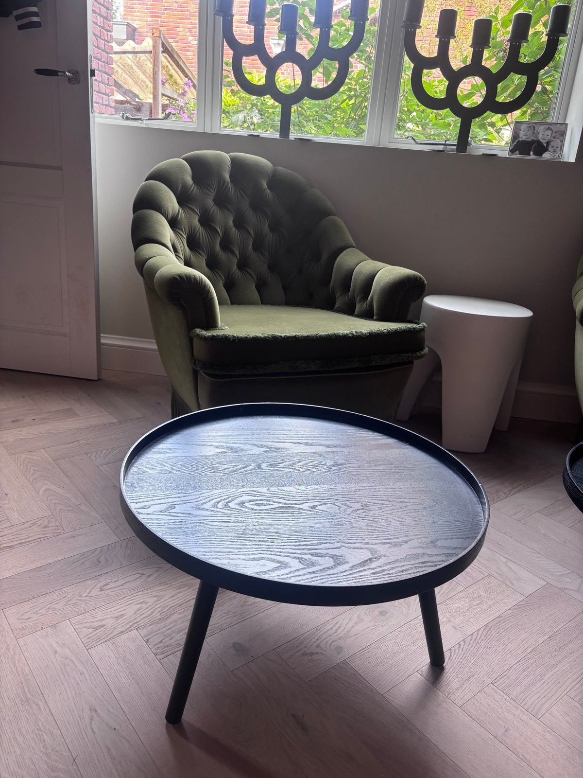 Woood Salontafel Zwart Hout met Nerf - 60 cm Diameter, Huis en Inrichting, Tafels | Salontafels, Ophalen, Gebruikt, Rond, 50 tot 100 cm