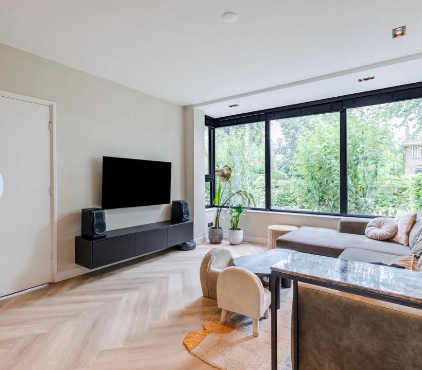 Zwart eikenhouten tv-meubel, Ophalen, Zo goed als nieuw, 200 cm of meer, Minder dan 100 cm