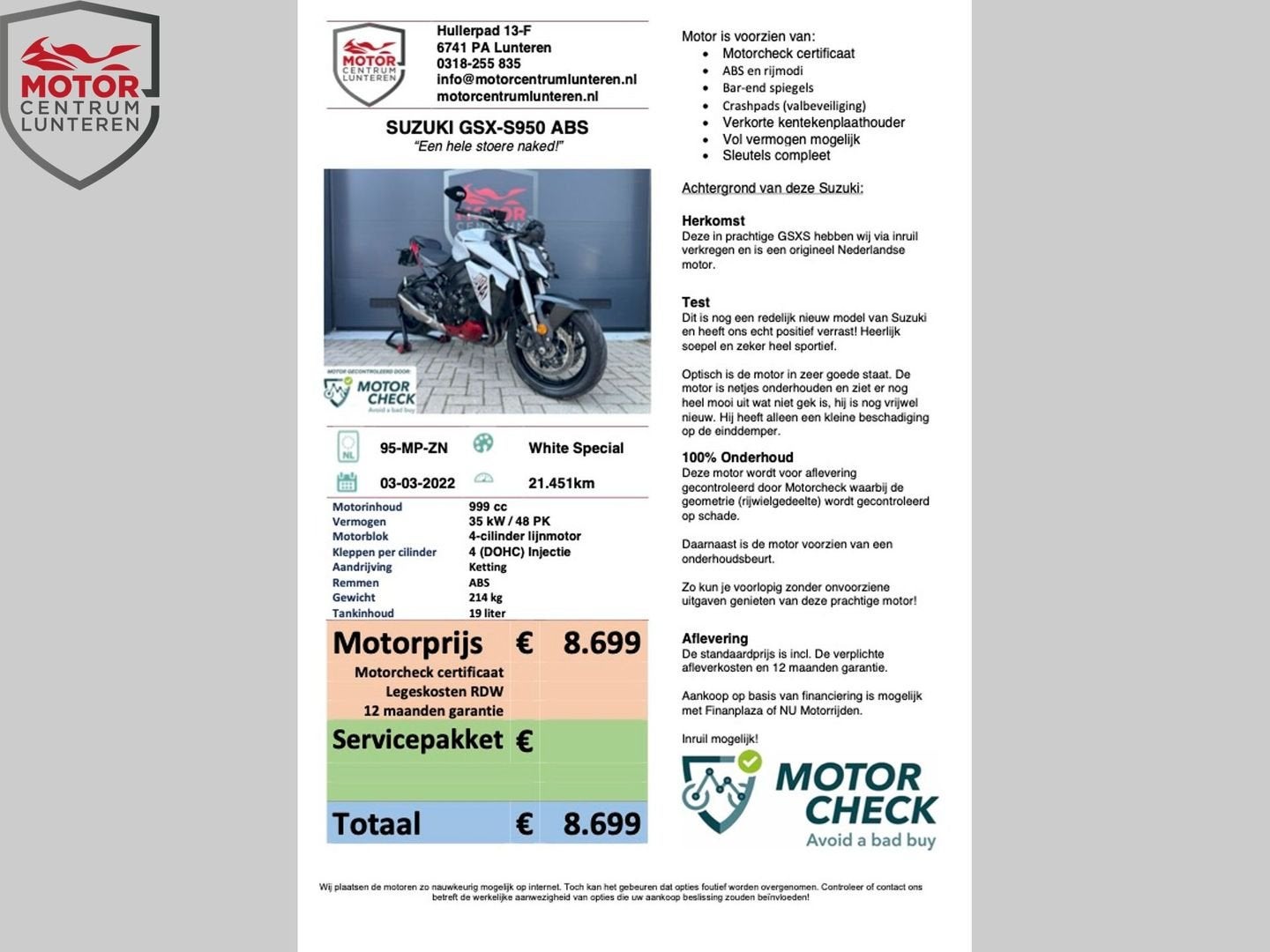 SUZUKI GSX-S 950 A2 (vol vermogen mogelijk), Motoren, SUZUKI, 4 cilinders, Bedrijf, Onbekend