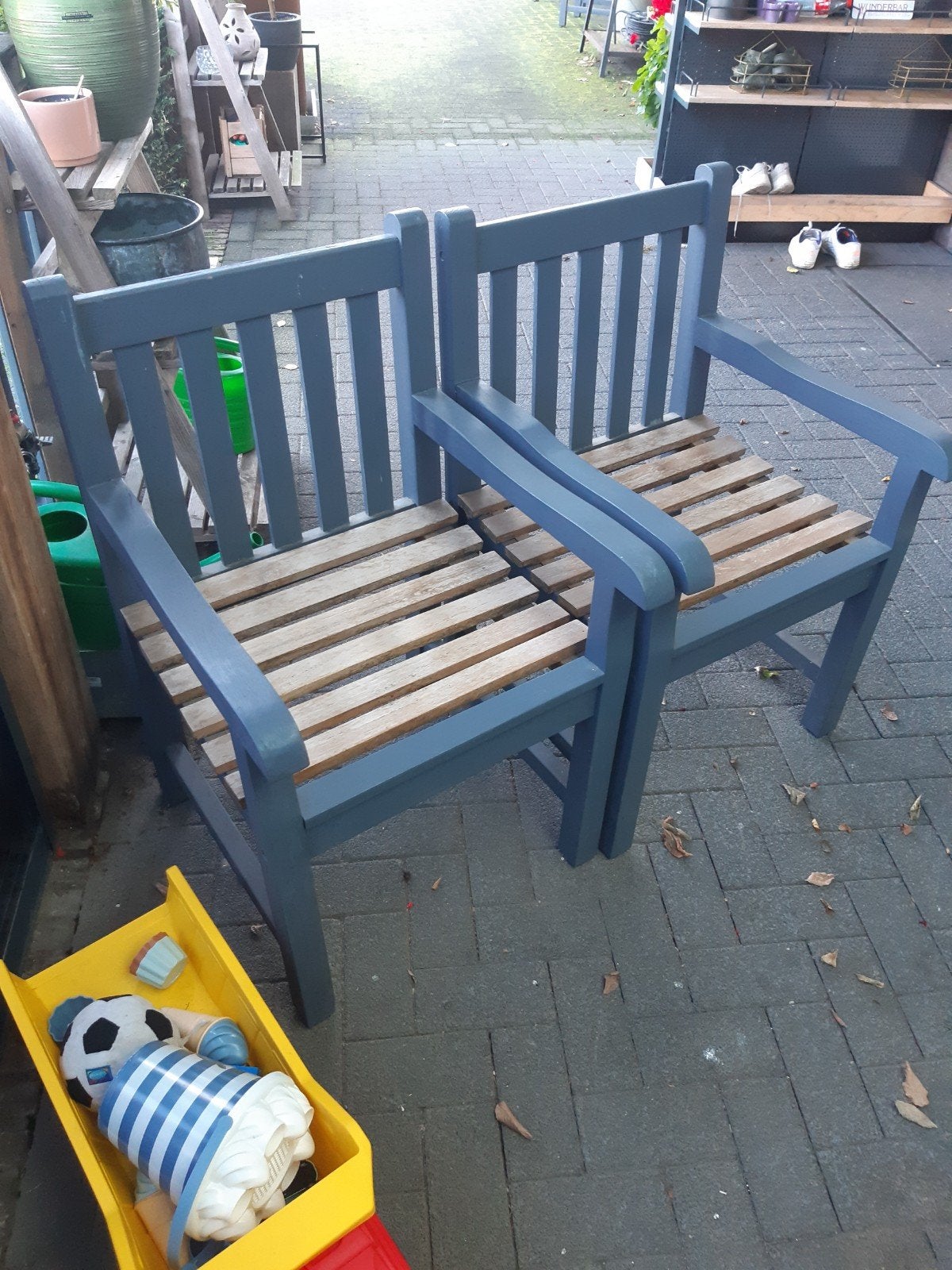 Zes stevige houten tuinstoelen - grijs met naturel zitting, Tuin en Terras, Ophalen of Verzenden, Gebruikt, Hout