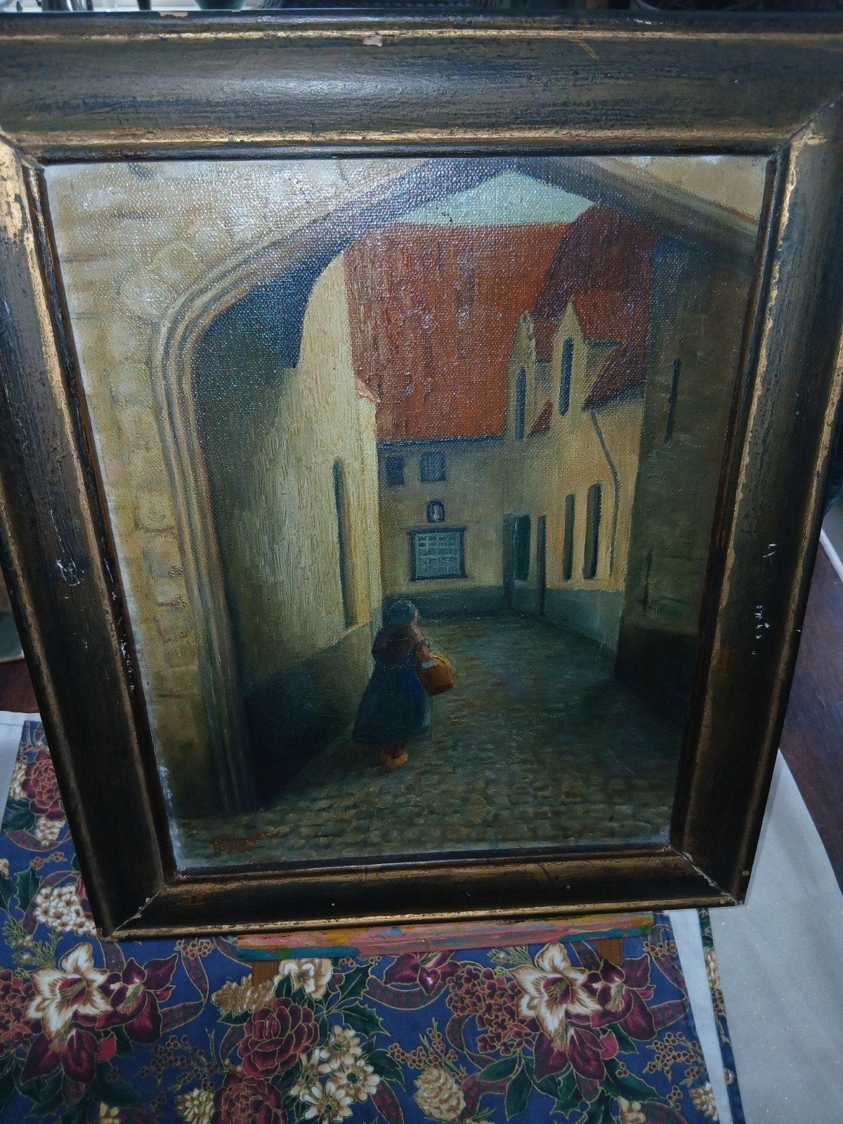 Schilderij van Pfluger - Stadsgezicht met figuur, Antiek en Kunst, Doek, Realistisch, Ophalen of Verzenden, Gemengde techniek