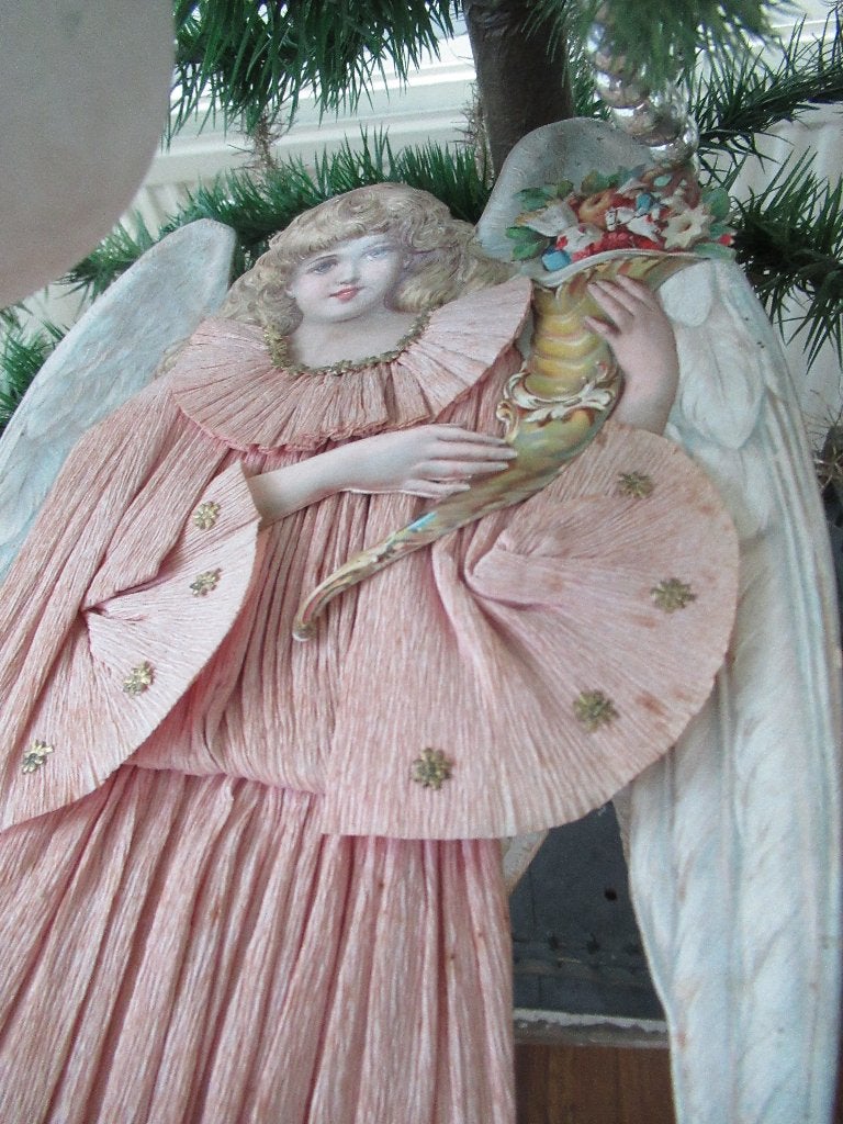 antieke GROTE ENGEL, roze CREPE JURK, h 35,5 cm/ feathertree, Ophalen of Verzenden