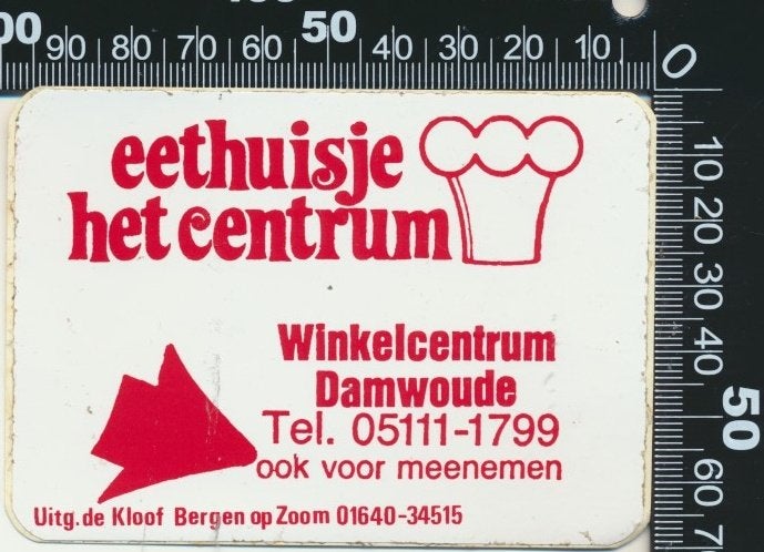 Sticker: Eethuisje Het Centrum - Damwoude (Rood), Verzamelen, Ophalen of Verzenden, Zo goed als nieuw, Bedrijf of Vereniging