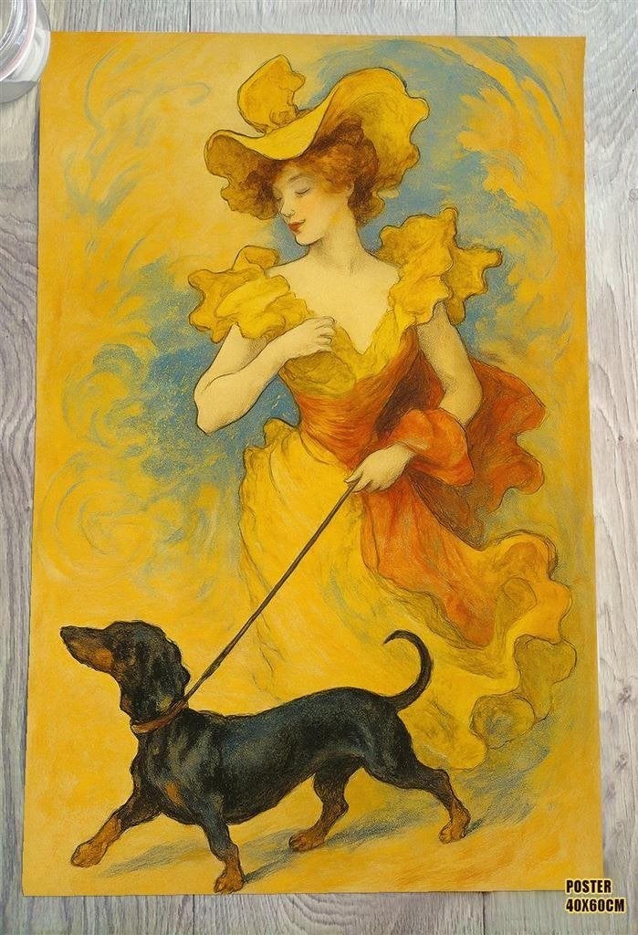 Dame met Dachshund Teckel Kunst Art Poster Affiche, Verzenden, Nieuw, A1 t/m A3, Film en Tv