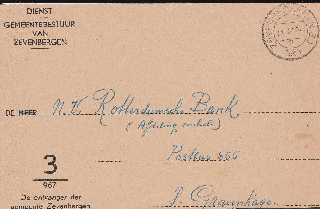 ZEVENBERGEN (N.B) 1961 DienstEnveloppenfront Gemeentebestuur, Verzenden, Voor 1920, Gelopen, Noord-Brabant