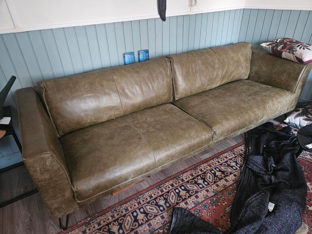 Zeer luxe lederen set, 4 zits bank, 2x fauteuil, hocker., Ophalen, 250 tot 300 cm, Zo goed als nieuw, Rechte bank