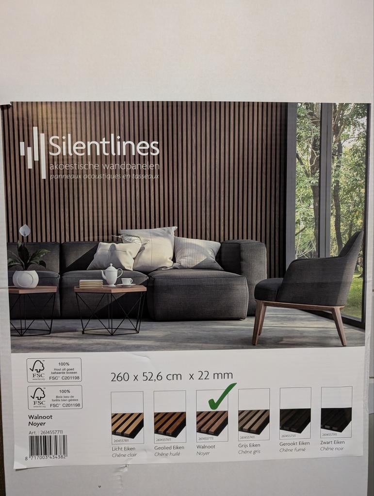 2x Silentlines akoestische lattenwand Walnoot 260x52,6x2,2cm, Doe-het-zelf en Verbouw, Hout en Planken, Ophalen, Nieuw, 200 tot 250 cm