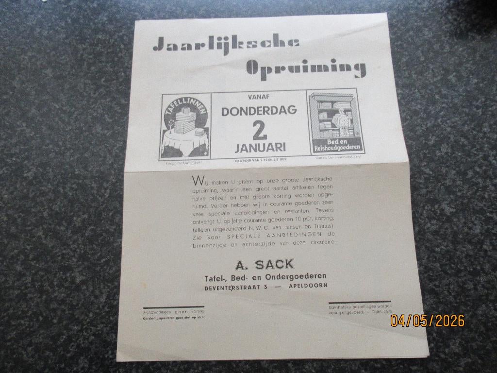 OUDE FOLDER- JAARLIJKSCHE OPRUIMING- SACK-APELDOORN-CA1939, Boeken, Catalogussen en Folders, Ophalen of Verzenden, Gelezen, Folder
