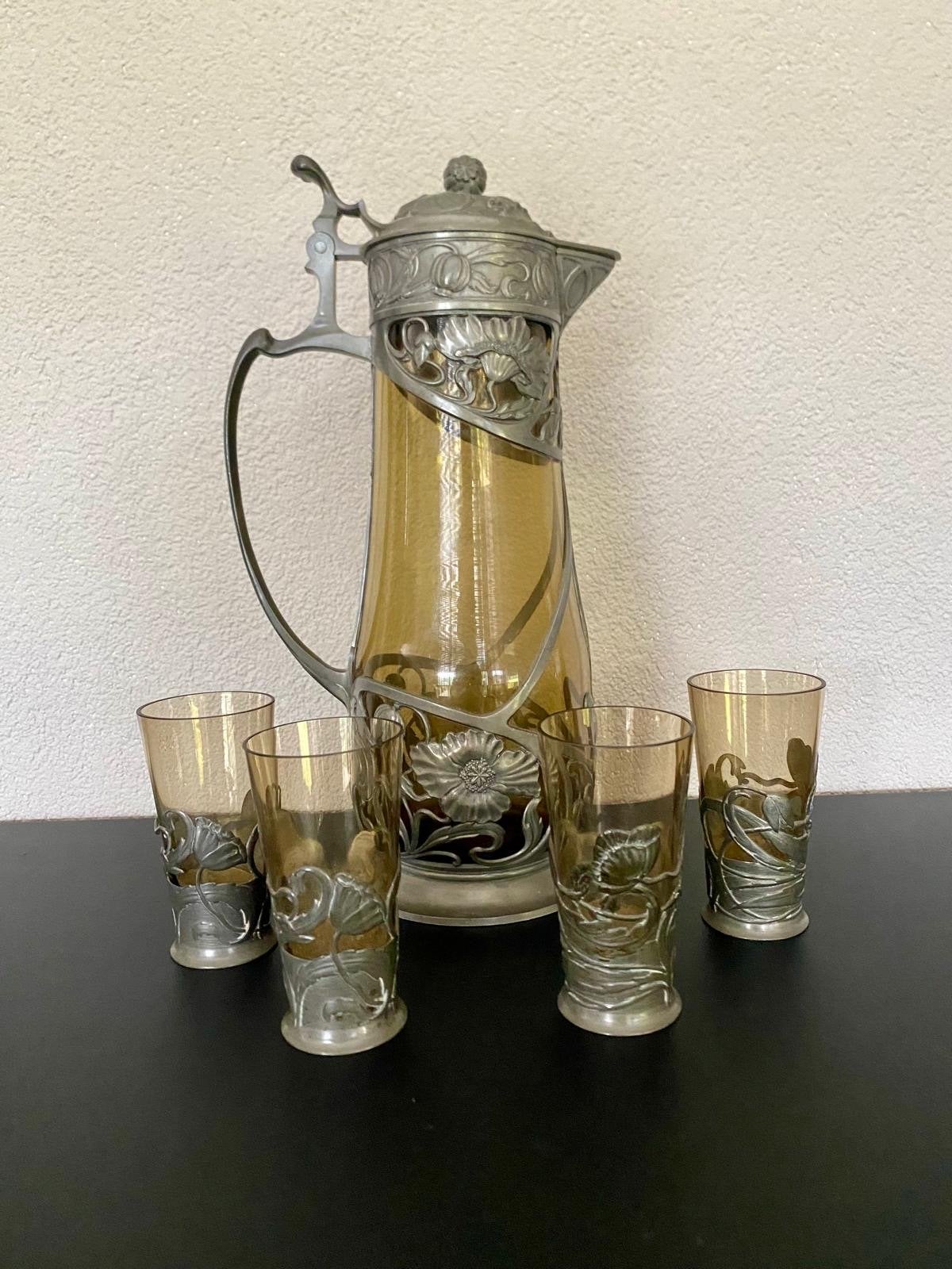 Art Nouveau karaf en glazen set, tin en glas, Antiek en Kunst, Ophalen of Verzenden