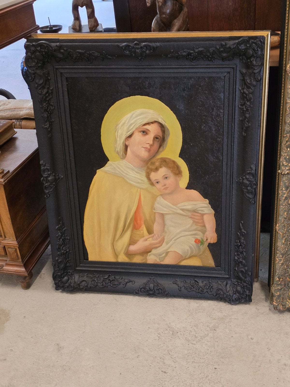 antiek schilderij madonna met kind (19e eeuw), Antiek en Kunst, Ophalen, Doek, Portret of Personen, Bijzondere lijst