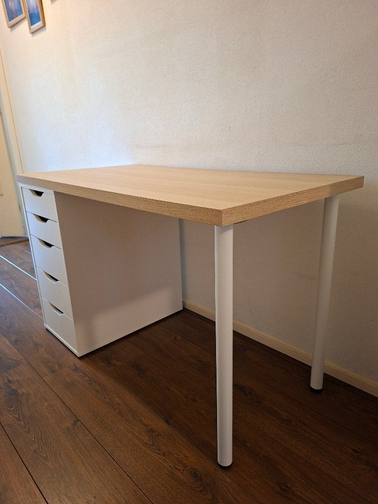 Ikea bureau Lagkapten Alex wit/eiken 120x60 cm, Ophalen, 120 cm, Scandinavisch, Spaanplaat of MDF