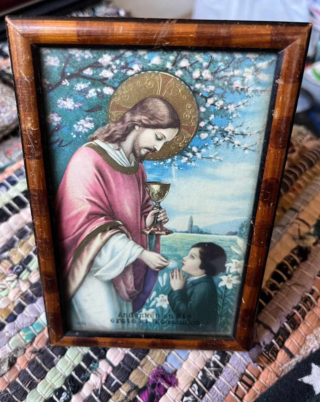 Oude Prent in Oud Lijstje- Jezus en Kind, Antiek en Kunst, Ophalen of Verzenden