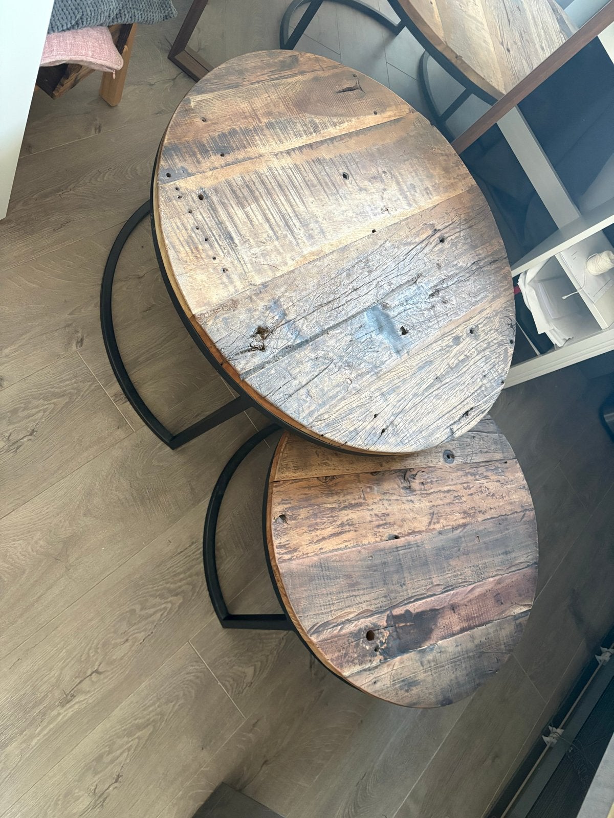Set van 2 ronde salontafels - Ruw Mango hout, Ophalen, Gebruikt, Rond, 50 tot 100 cm