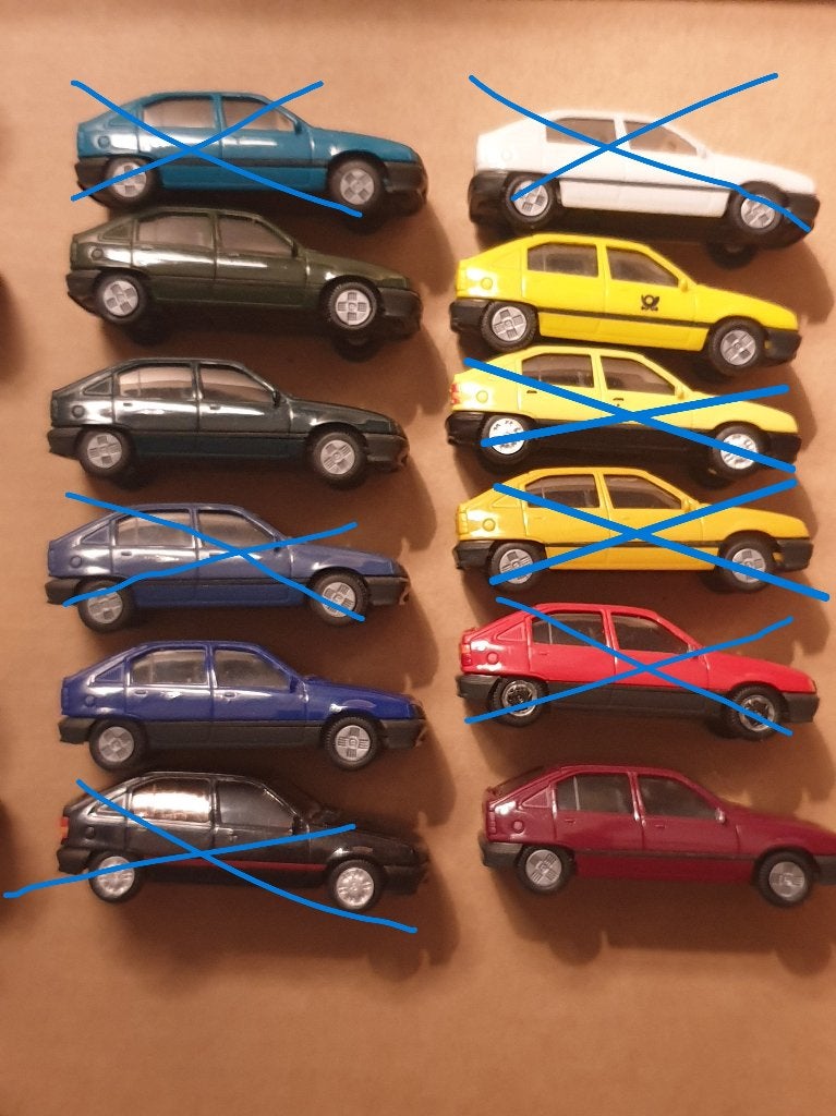 1:87 Opel Kadett E 5-deurs blauw groen zwart geel rood €4/st, Ophalen of Verzenden, Zo goed als nieuw, Auto, Herpa