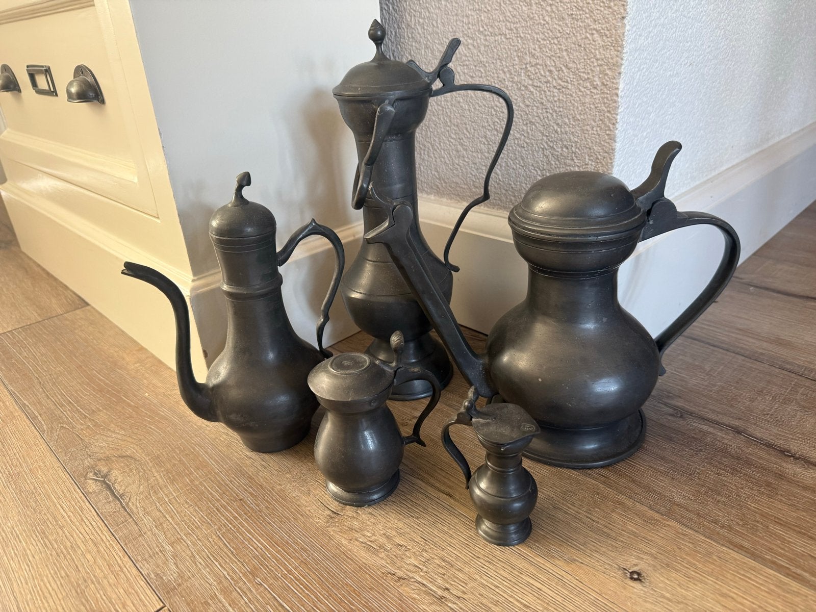 Antieke tinnen kannen en kruiken - Set van 5, Antiek en Kunst, Ophalen