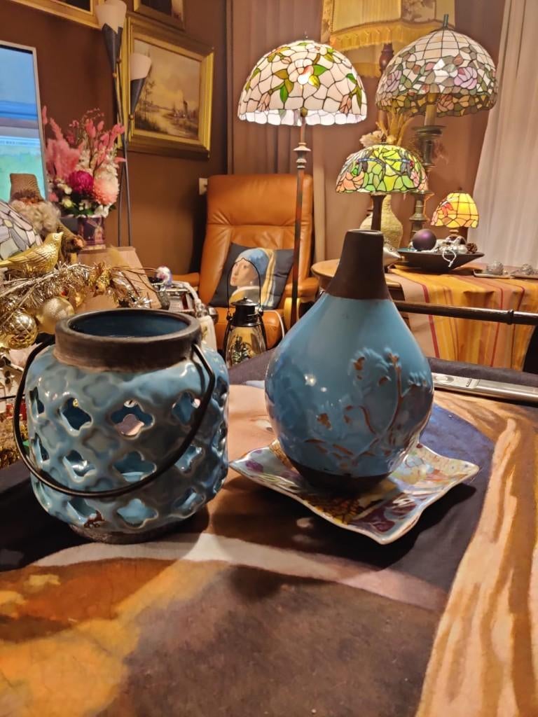 Keramische set windlicht en vaas in petrolblauw, Huis en Inrichting, Woonaccessoires | Vazen, Ophalen, Overige kleuren, Aardewerk of Porselein