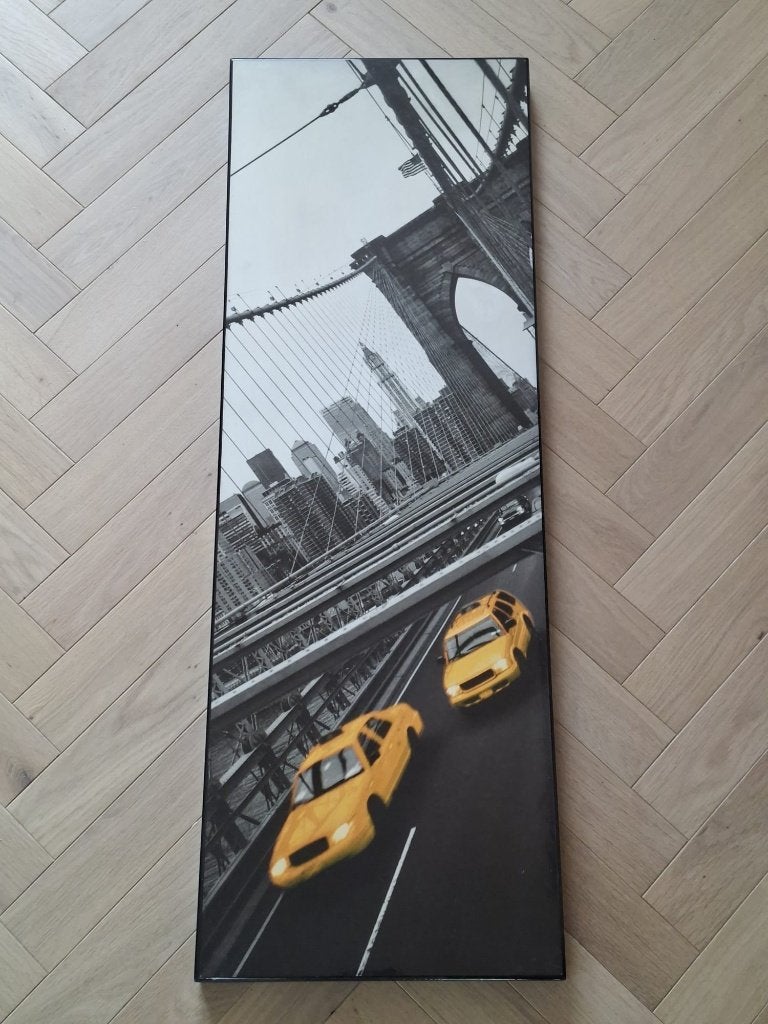 Fotokunst Yellow Cab, New Yorkse taxi Brooklyn Bridge 32x94, Ophalen, Minder dan 50 cm, Zo goed als nieuw, Foto of Poster