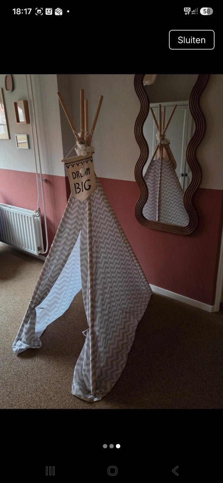 Kinder tipi tent 'Dream Big' - Grijs/wit zigzag, Ophalen, Zo goed als nieuw