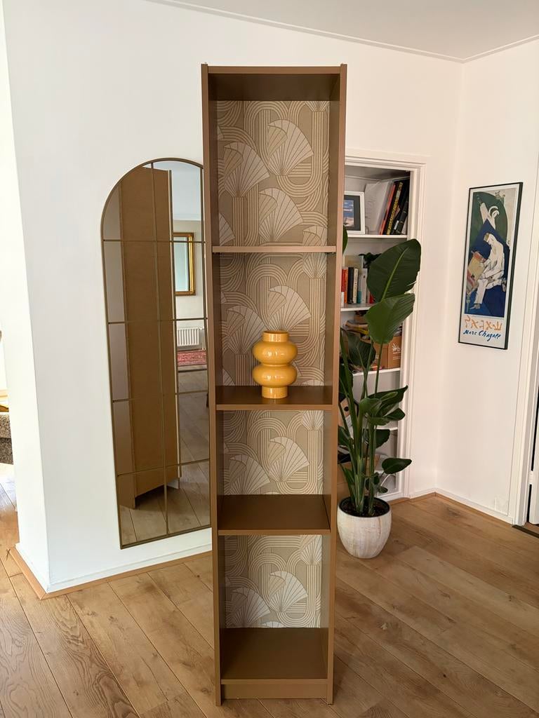 Unieke Art Deco Billy kast - dark chocolate & okergeel, Huis en Inrichting, Ophalen, Zo goed als nieuw