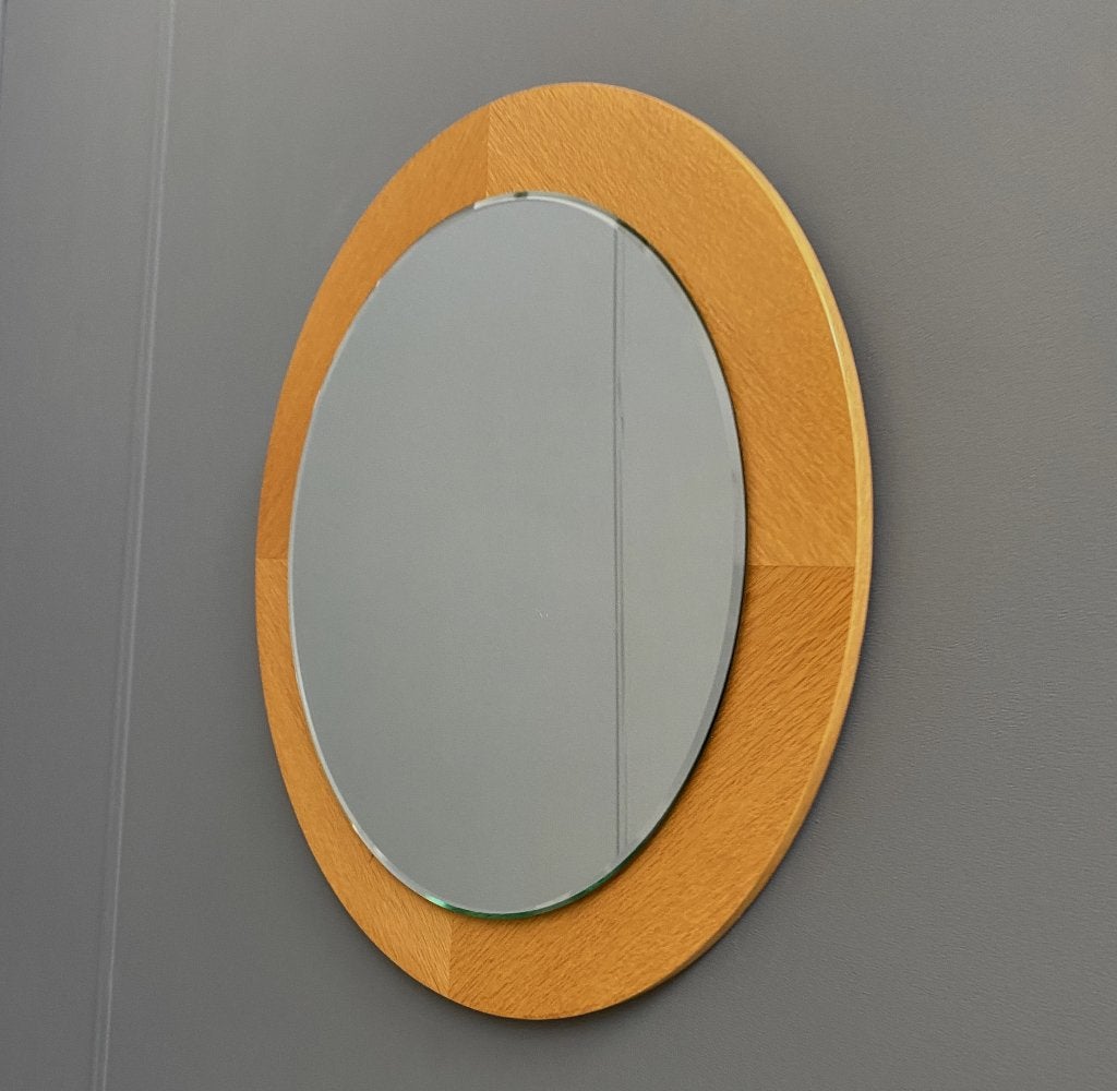 60 jaren  ronde spiegel op ronde LICHT hout achterwand, Gebruikt, Rond, Ophalen of Verzenden, Minder dan 100 cm