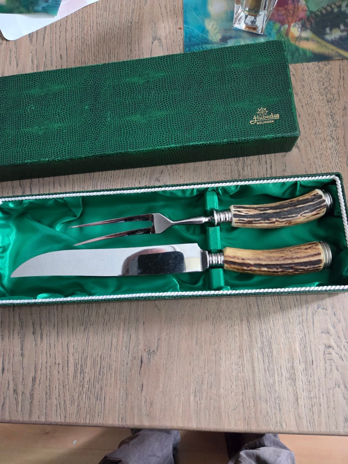 Hubertus Solingen vleesmes en vork met geweigrepen, Ophalen of Verzenden