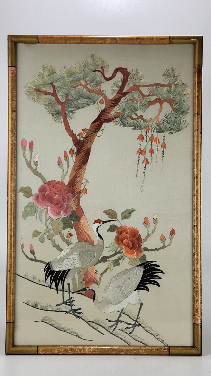 Oud Chinees Zijden Borduurwerk – Kraanvogels & Pioenrozen, Ophalen of Verzenden