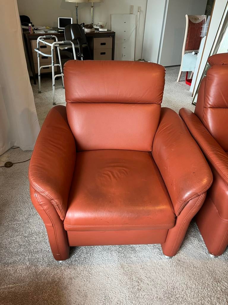 Leren fauteuils met voetenbank - Terra cotta kleur, Huis en Inrichting, Fauteuils, Ophalen, Gebruikt, Leer, 75 tot 100 cm