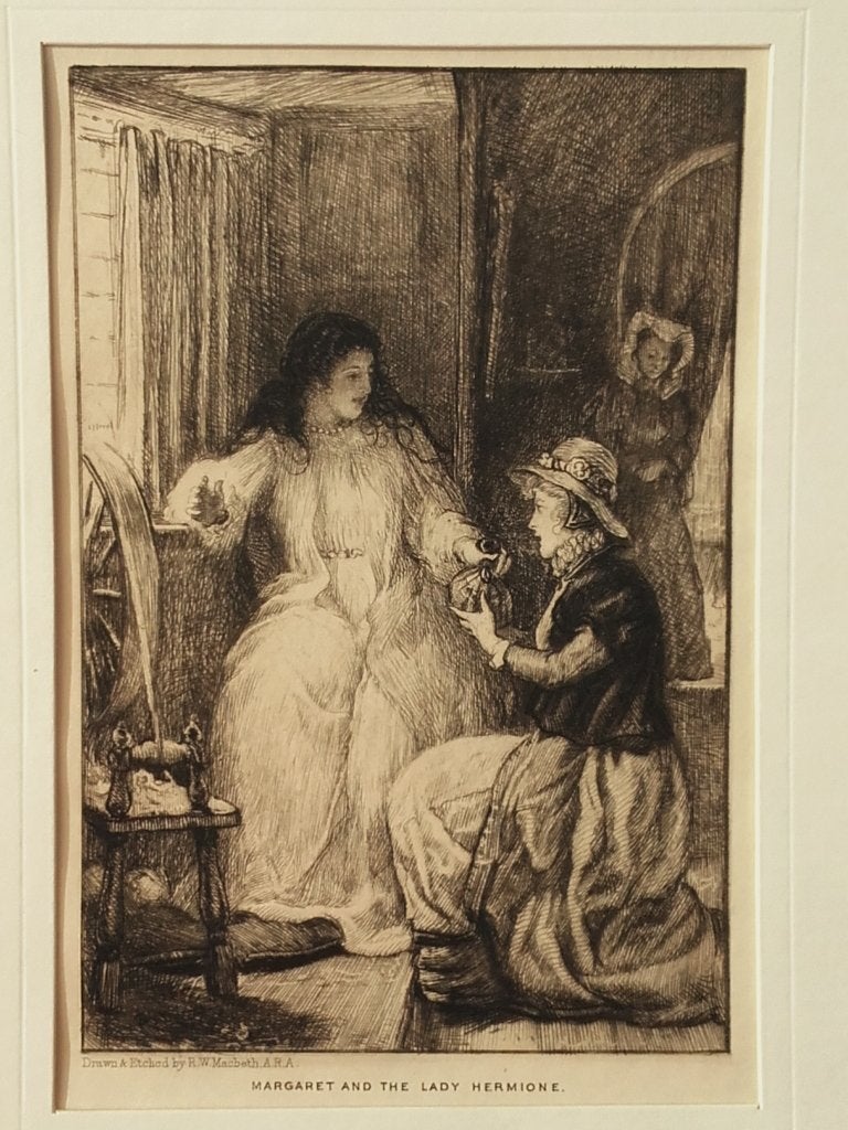 Margaret and the Lady Hermione antieke ets uit Engeland., Dagelijks leven, 1800 - 1899, Ets, Ophalen of Verzenden