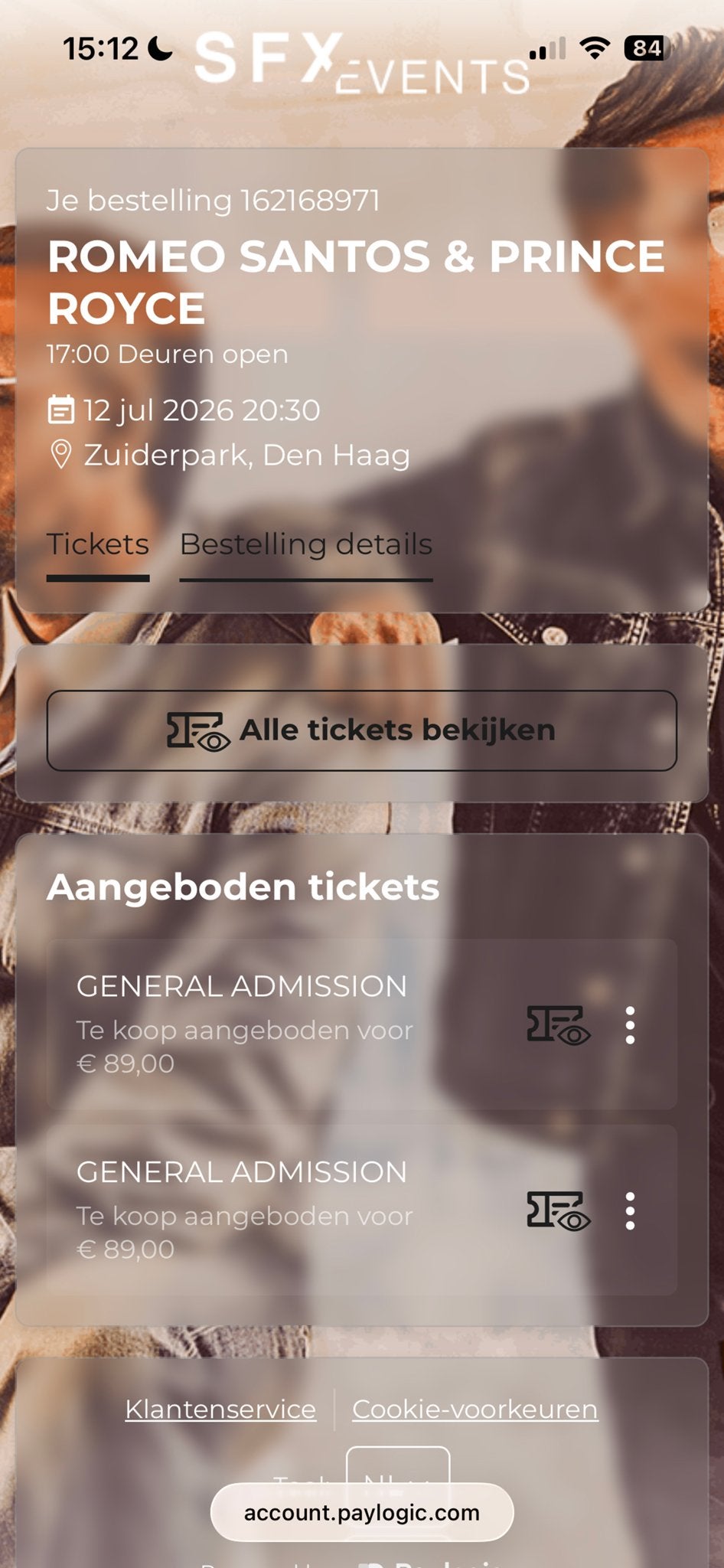 2x tickets Vanavond Romeo santos & prince Royce, Twee personen