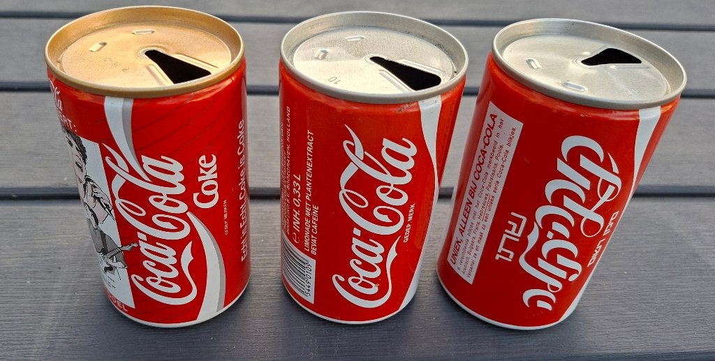 3 vintage Coca Cola blikjes uit 1985/1986 en 1988, Ophalen of Verzenden, Gebruikt, Verpakking