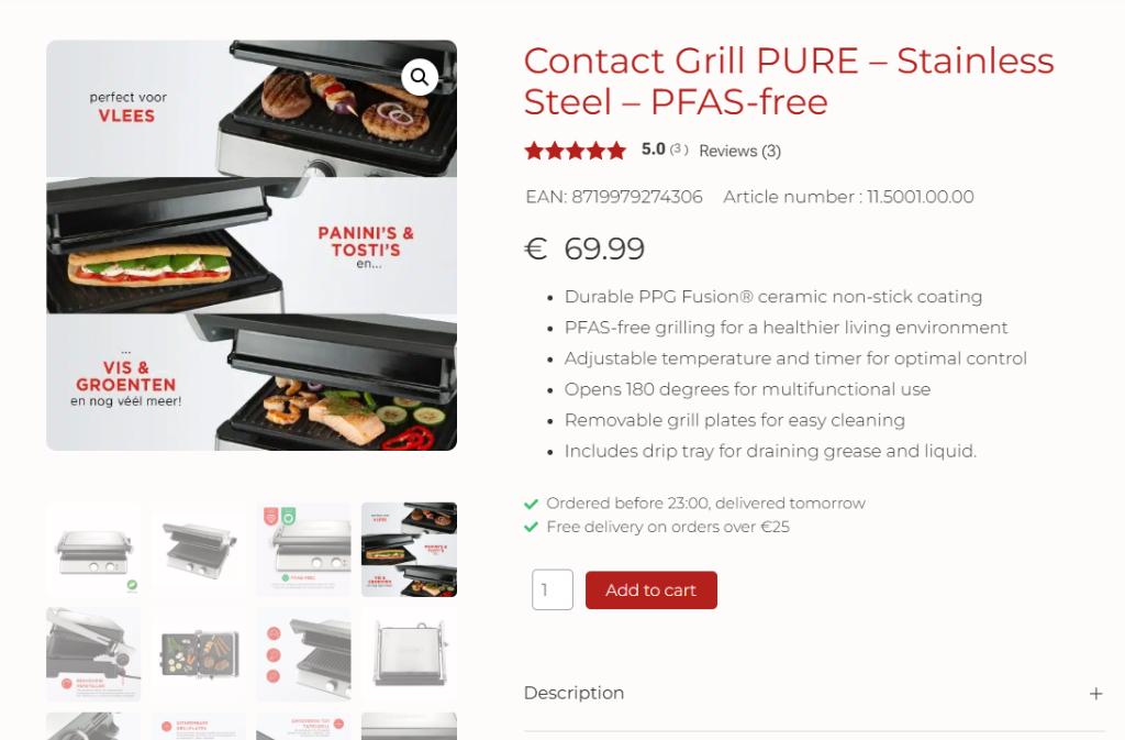 Bourgini Contact Grill PURE – Stainless Steel – PFAS-free, Ophalen, Vaatwasmachinebestendig, Nieuw