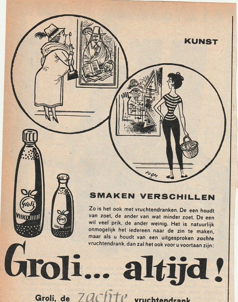 Retro reclame 1962 Groli frisdrank voor kunstliefhebbers, Verzamelen, Verzenden, Overige typen