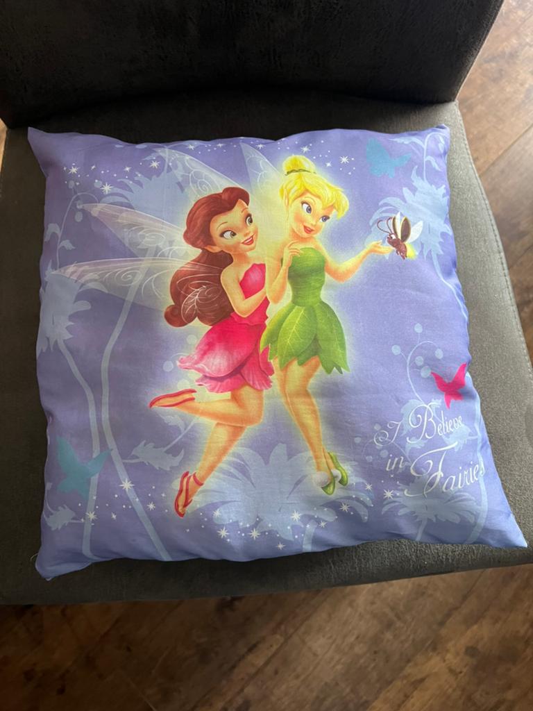Tinkerbell en Rosetta Kussen - 'I Believe in Fairies', Ophalen, Gebruikt, Paars, Vierkant