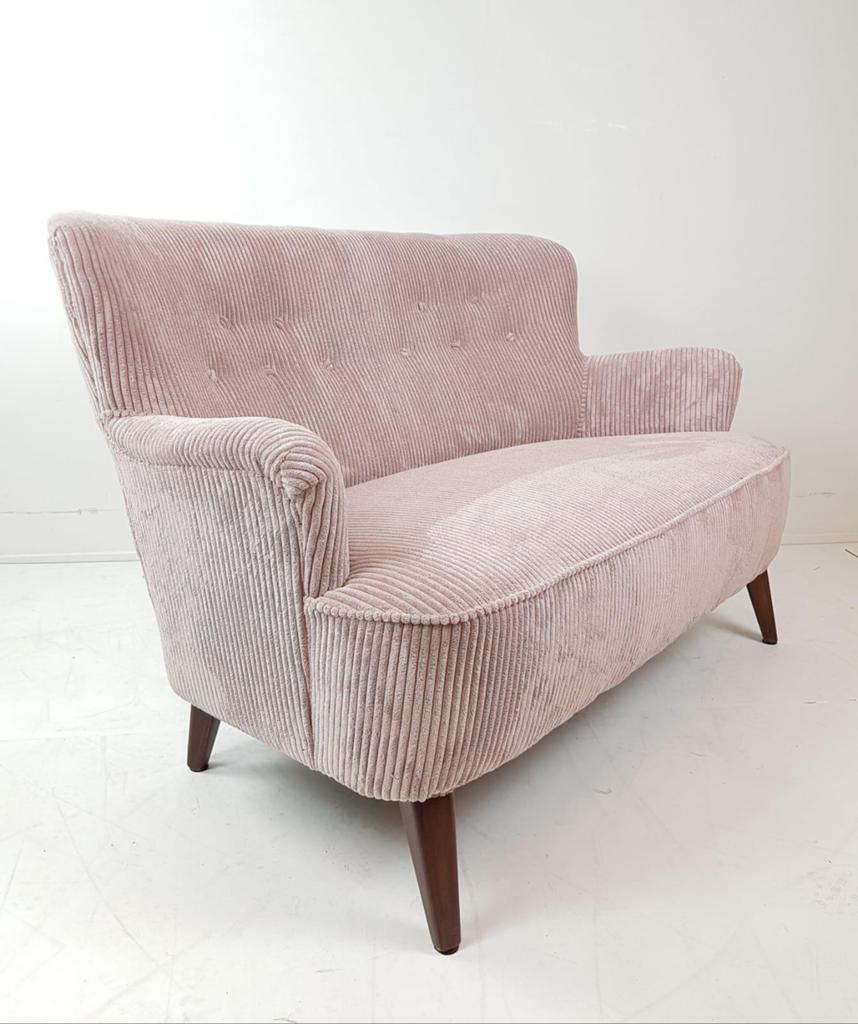 Vintage bankje roze rib Artifort Theo Ruth bank nieuwe stof, Modern vintage, ., 150 tot 200 cm, Tweepersoons