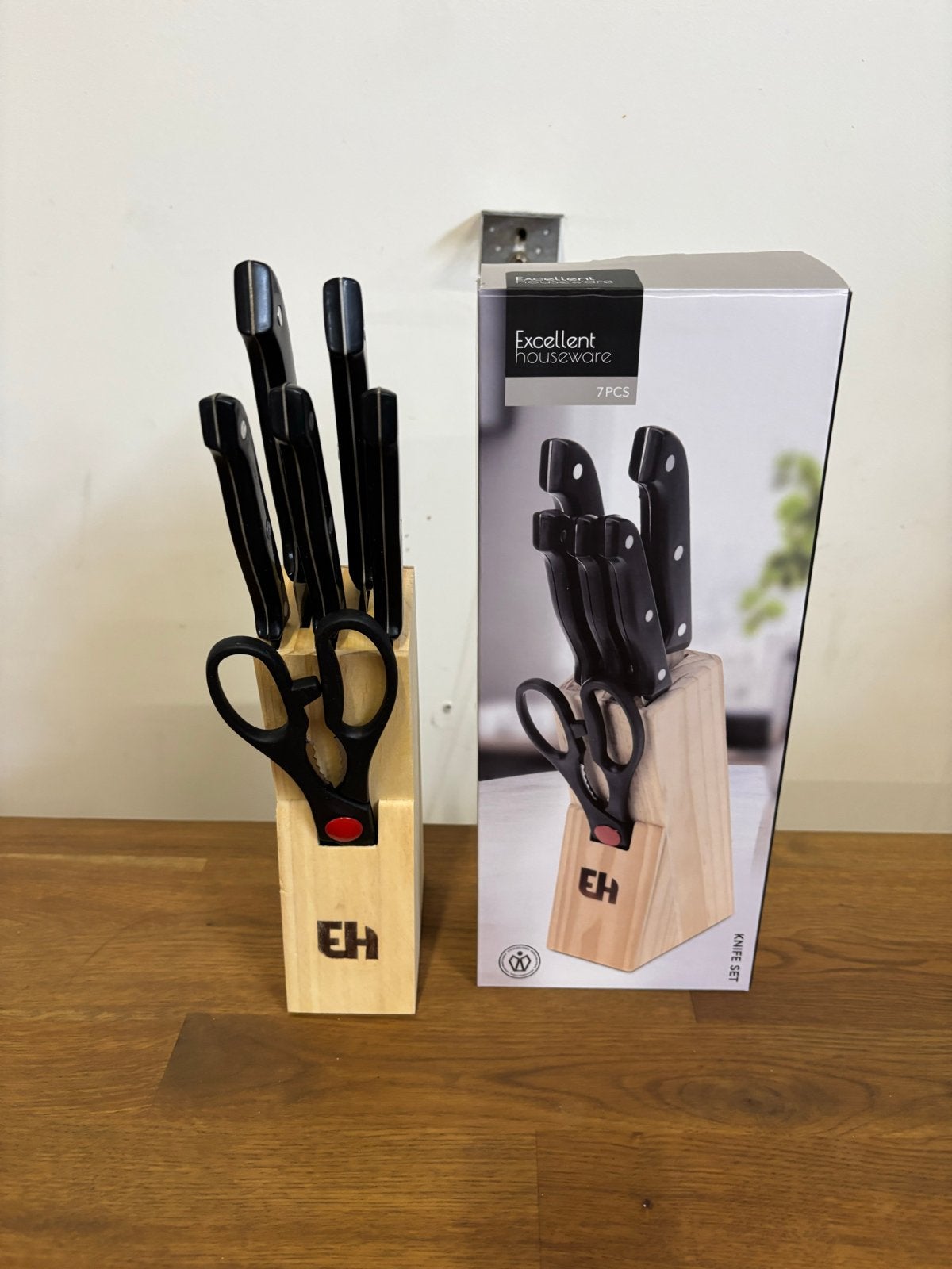 7-delige Messenset met Houten Blok - Excellent Houseware, Nieuw, Ophalen of Verzenden, Zwart, Metaal