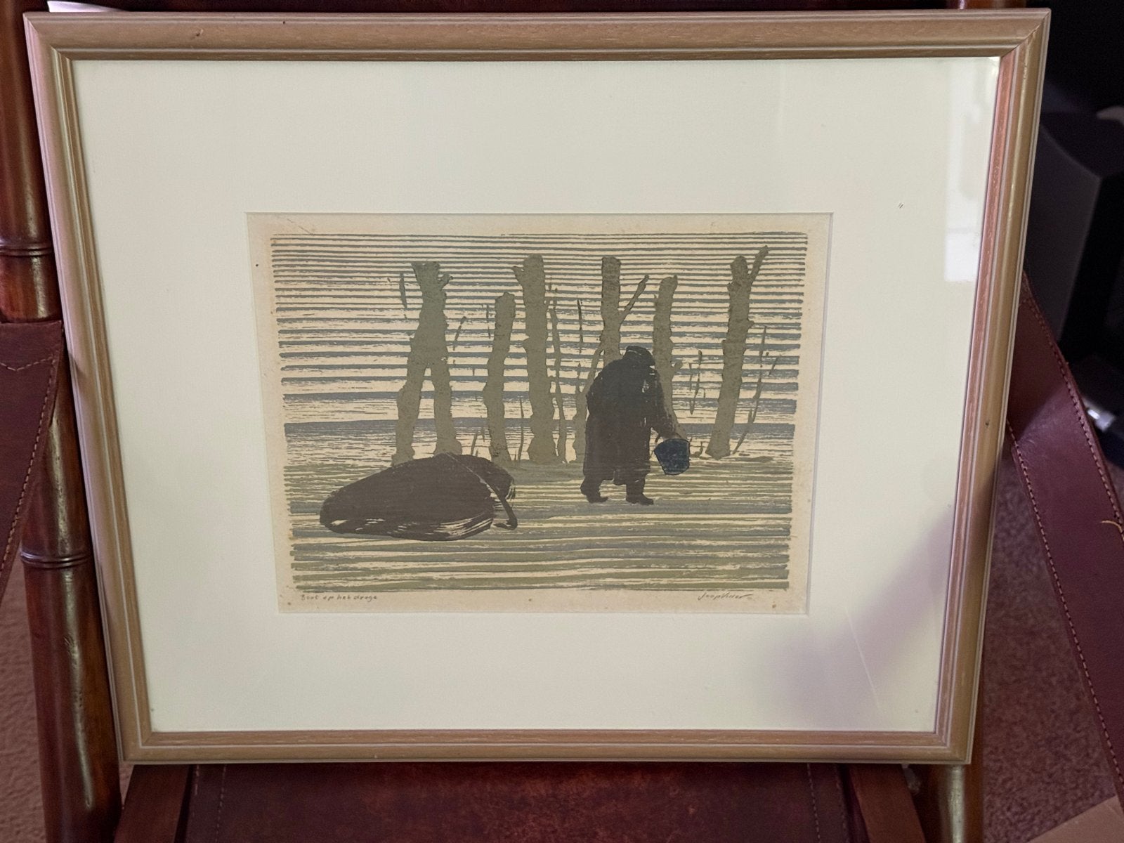 Litho (combinatie techniek) Joop Visser - Boot op het droge, Ophalen, Ingelijst, 1950 - 1999, Landschap