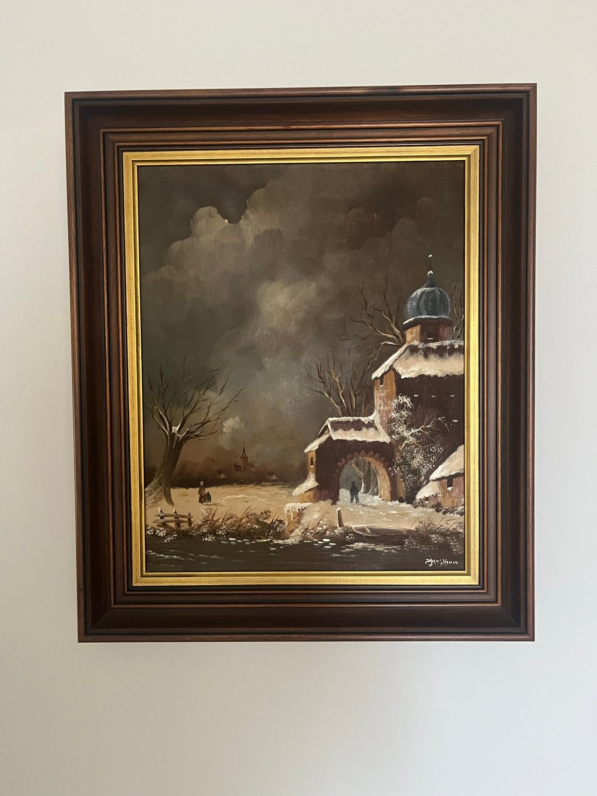 Schilderij Winterlandschap met kasteel en figuren, Doek, Ophalen of Verzenden, Gesigneerd, Landschap