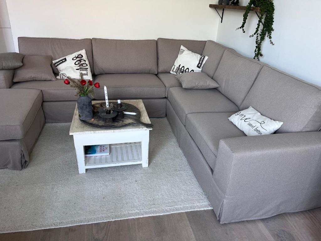 Nieuwe Hoekbank met Hocker Sand/Beige, Ophalen, 100 tot 125 cm, Hoekbank, Landelijk