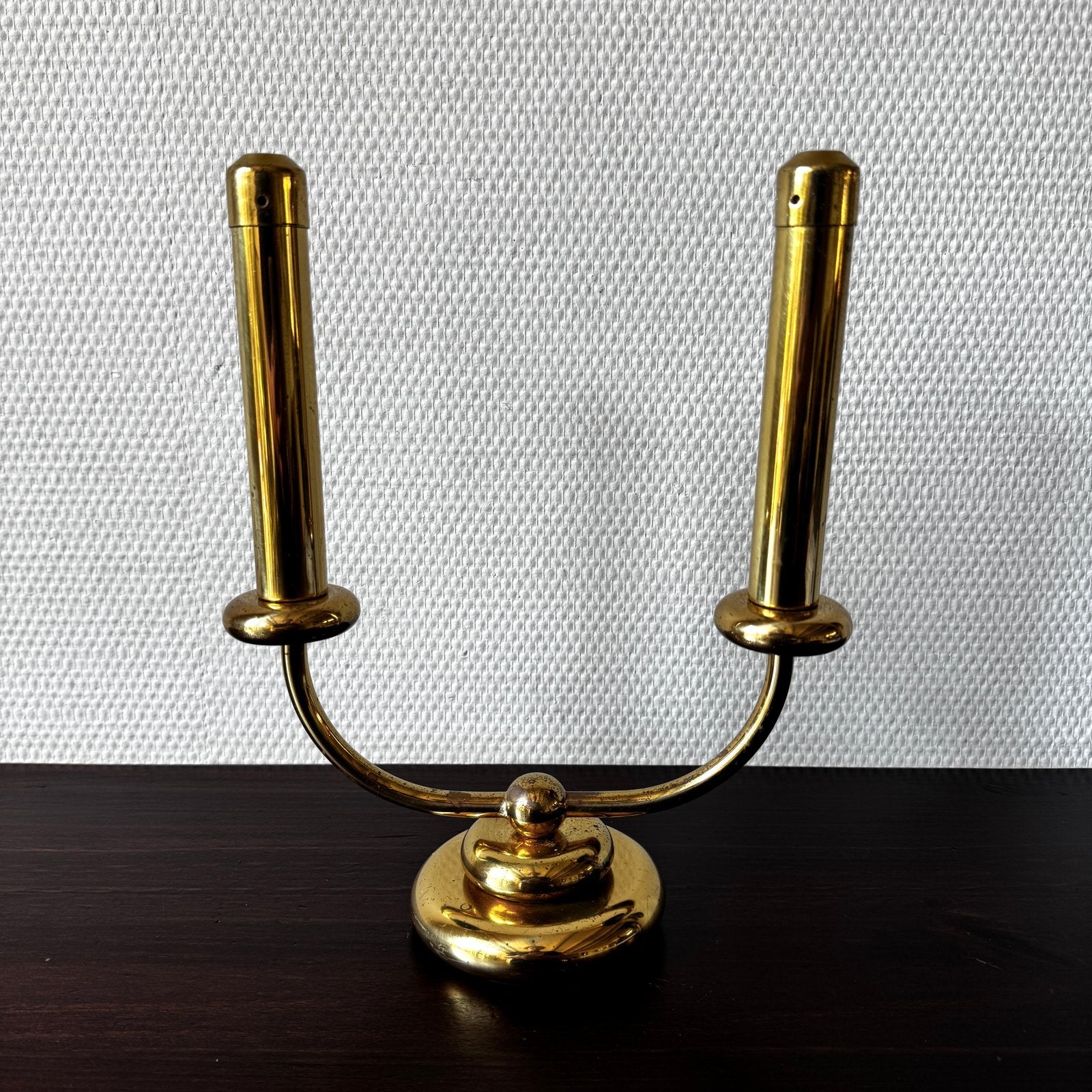 Vintage Dubbele Kandelaar met Veer Systeem, Messing, Huis en Inrichting, Gebruikt, Ophalen of Verzenden, 28 cm, Metaal