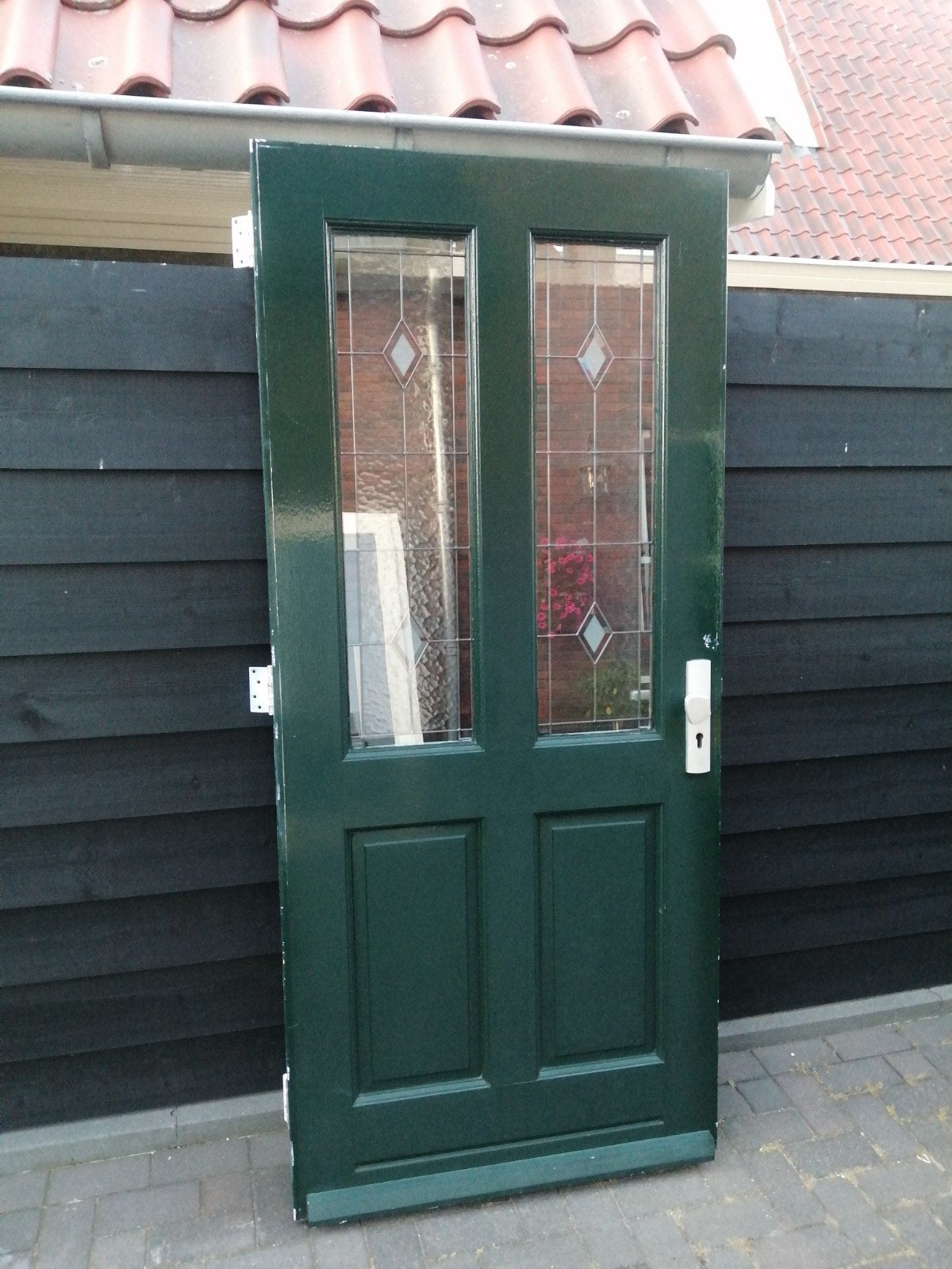 Merbau voordeur met glas in lood 209 x 93 cm + 3 puntsluitin, Doe-het-zelf en Verbouw, Deuren en Horren, Ophalen, Gebruikt, 200 tot 215 cm