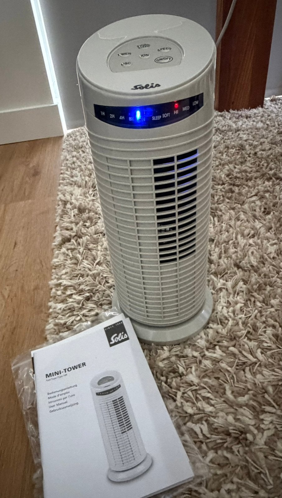Solis Mini-Tower Ventilator Type 749 - Ionisator, timer, Ophalen of Verzenden, Zo goed als nieuw, Tafelventilator